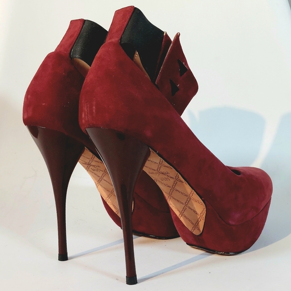 L.A.M.B. Burgundy suede Blade T-strap stiletto platform pumps, 9.5, never worn - Picture 5 of 16
